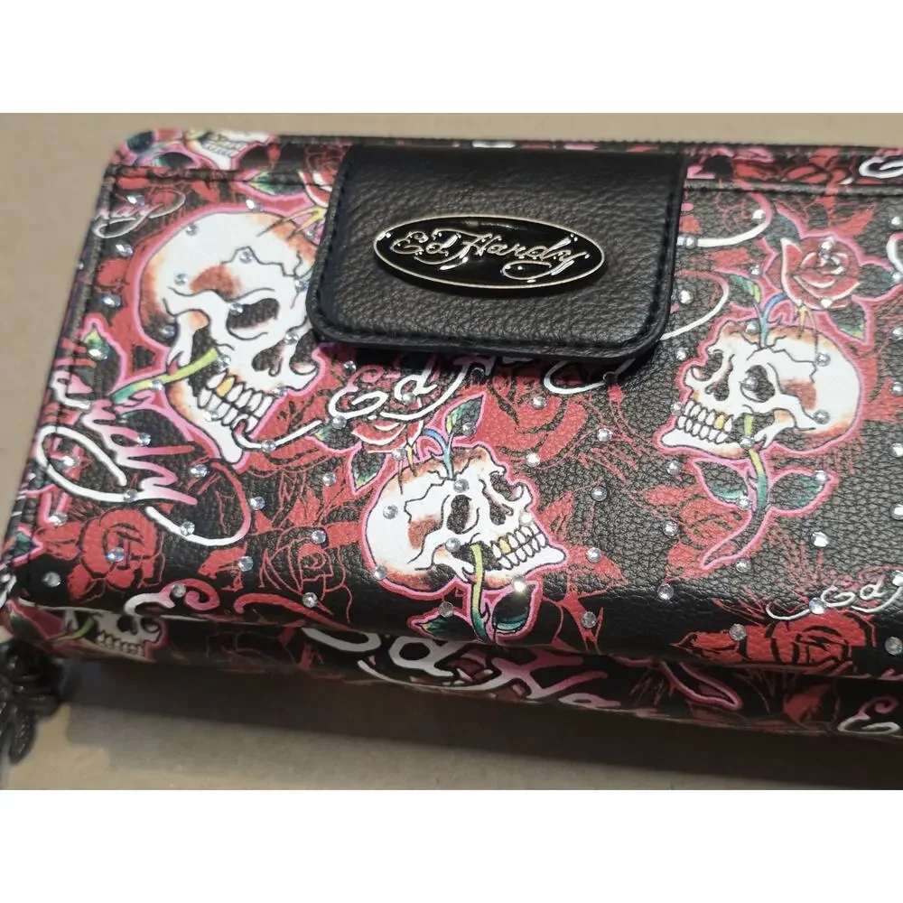 Ed Hardy Wallet Wristlet Rhinestone Double Zip Around, Logo, 8”x5”x2”